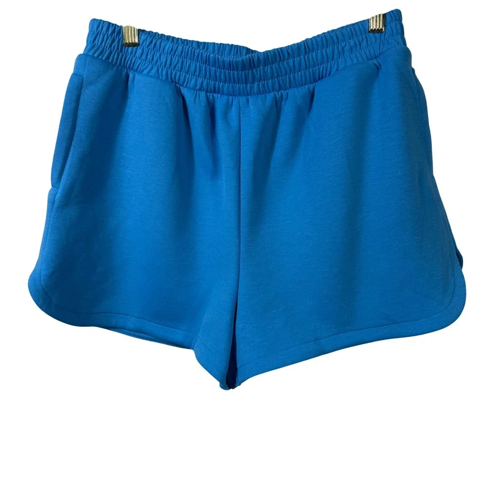 Zenana Women Blue Lounge Shorts High Rise Elastic Waist Pockets Size L Athleisue